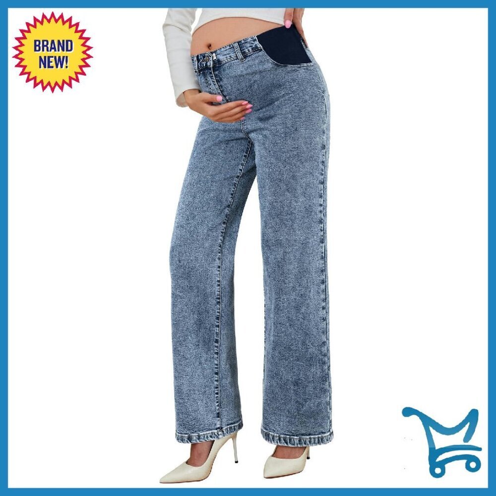Maternity Jeans High Waist Straight Leg Denim Pants Adjustable Waistband